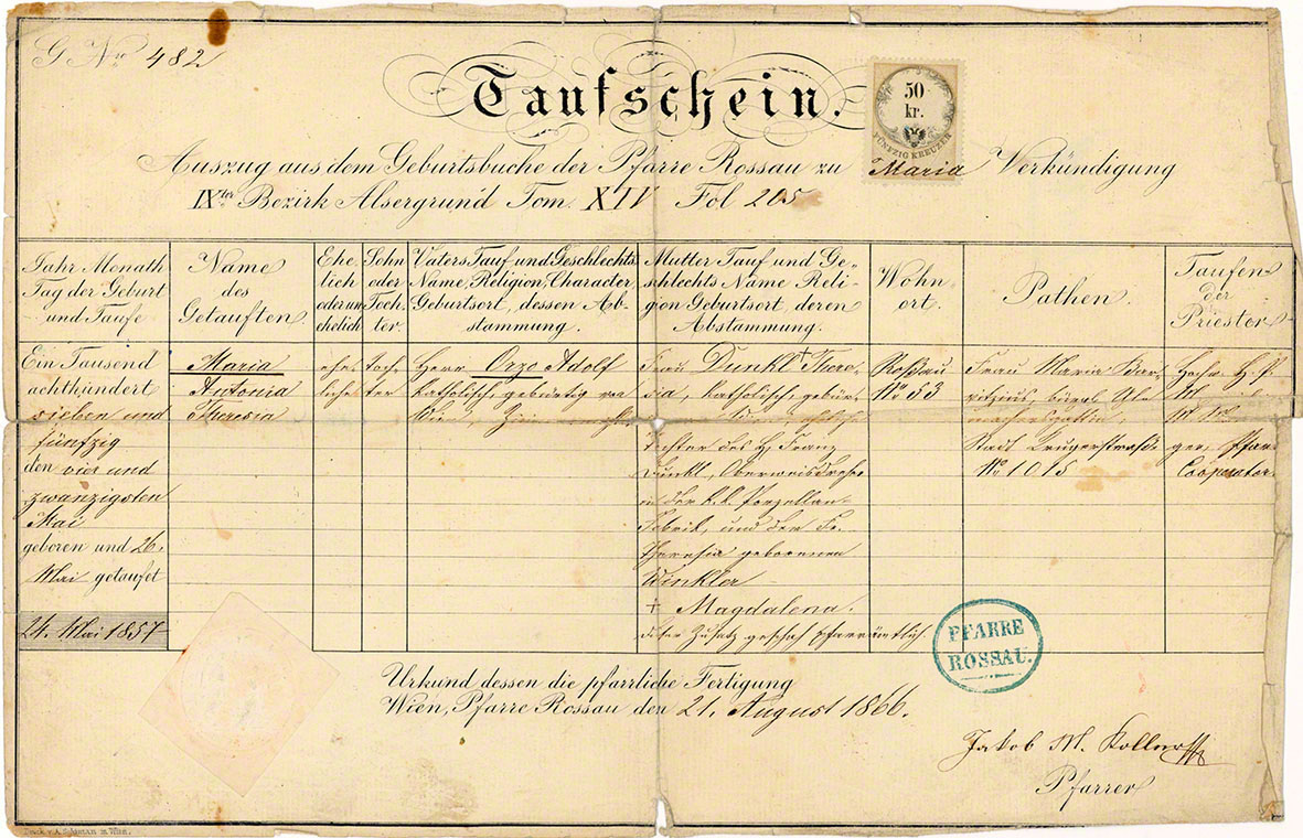 Taufschein Wien 19. Jahrhundert
